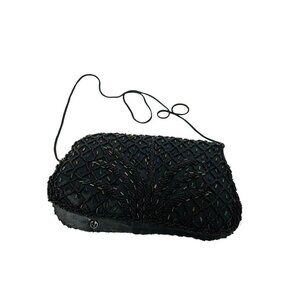 Vintage Sling Clutch Bag Black‎ Beaded Purse Prom Evening 9" x 5"